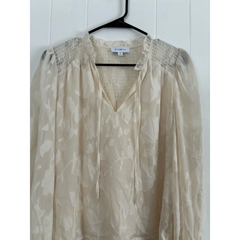 EVEREVE Cream Floral Burnout‎ Blouse Smocked V-Neck Sheer Boho Top Small - Picture 2 of 7